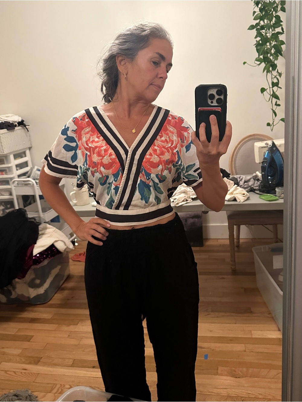 Flying Tomato Cream Cropped V-Neck Top with Coral & Teal Floral